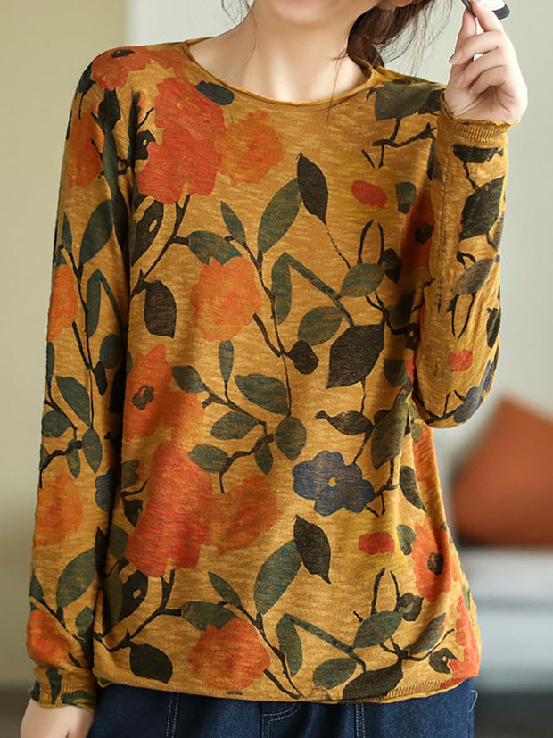 Floral Autumn Vintage Women Loose Knit T Shirt