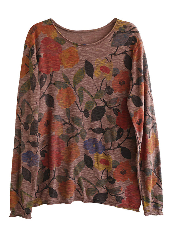 Floral Autumn Vintage Women Loose Knit T Shirt