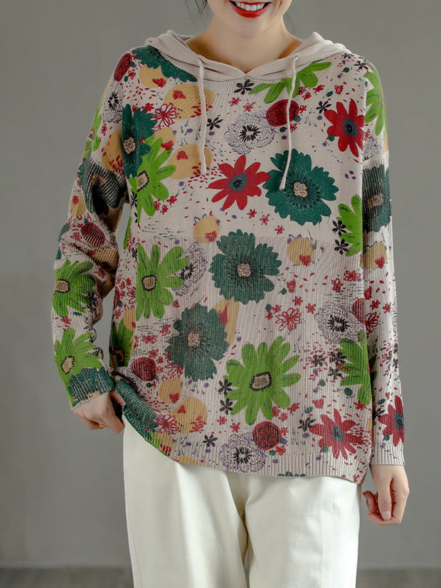 Floral Hoody Knit Autumn Women Loose Sweater