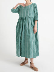 Cotton Casual Summer Half Sleeve Loose Pleated Dress
