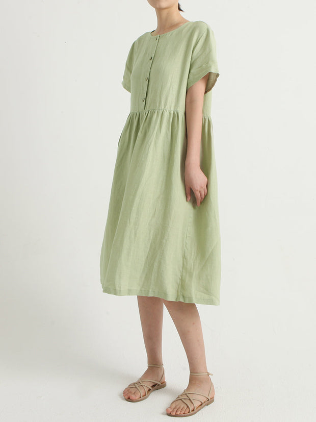 Casual Linen Pleated Short Sleeve Loose Dress