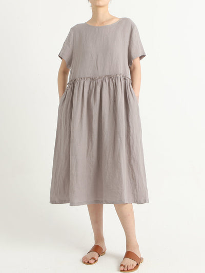 Casual Linen Pleated Short Sleeve Summer Dress