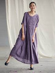 Chinese Style Elegant Pleated Loose Linen Dress