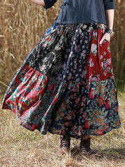 Retro Splicing Cloth Flower Printed Floral Skirt