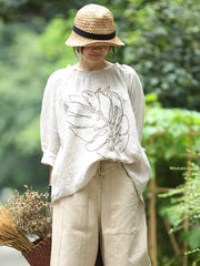 Embroidery Long Sleeves Autumn Loose Linen T-Shirt