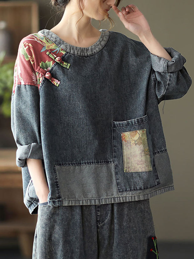 Women Retro Stitching Patchwork Print Floral Denim Sweatshirt