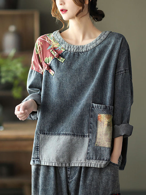 Women Retro Stitching Patchwork Print Floral Denim Sweatshirt