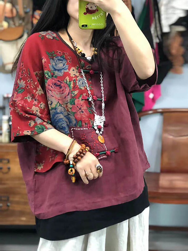 Women Embroidered Floral Retro Linen Stitching T-shirt