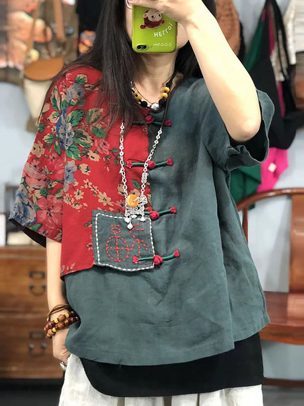Women Embroidered Floral Retro Linen Stitching T-shirt