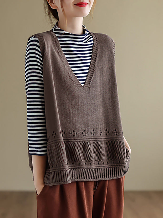 Women Knitted Hollow Out Solid Color Sweater Vest Top