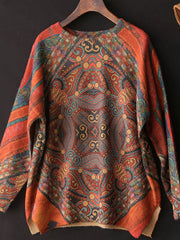 Women Vintage Printed O Neck Long Sleeve Sweater