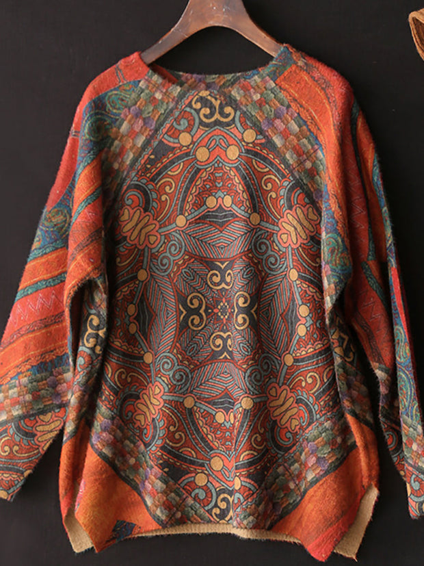 Women Vintage Printed O Neck Long Sleeve Sweater