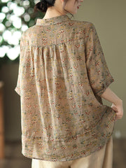Plus-Size Vintage Floral Ramie Casual Summer Women Shirt