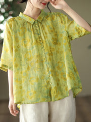 Plus-Size Vintage Floral Ramie Casual Summer Women Shirt