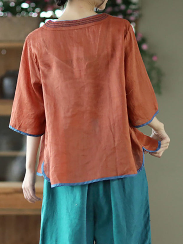 Slanted Placket Vintage Linen Summer Women Shirt