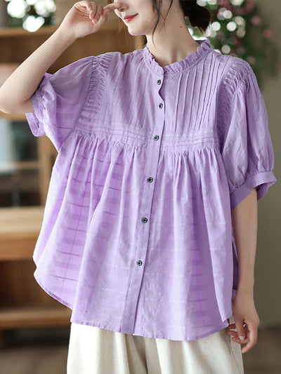 Pleated Casual Short Sleeve Cotton Women Shirt