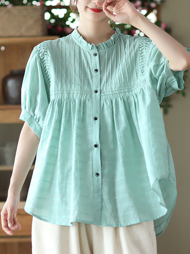 Pleated Casual Short Sleeve Cotton Women Shirt