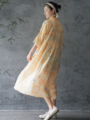Ramie Floral Vintage Women Summer Loose Dress