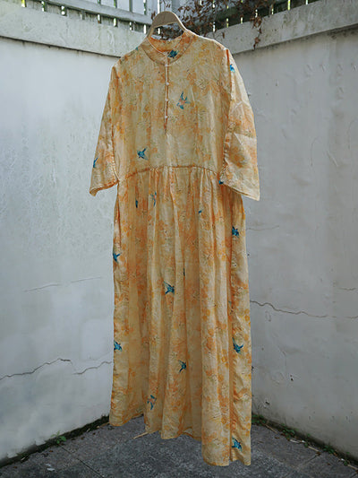 Ramie Floral Vintage Women Summer Loose Dress