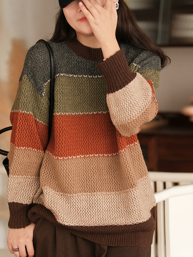 Stripe Autumn Vintage Women Loose Knit Sweater