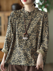 Retro Ethnic Style Shirt Button Top Stand Collar Pullover T-Shirt