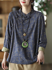 Retro Ethnic Style Shirt Button Top Stand Collar Pullover T-Shirt