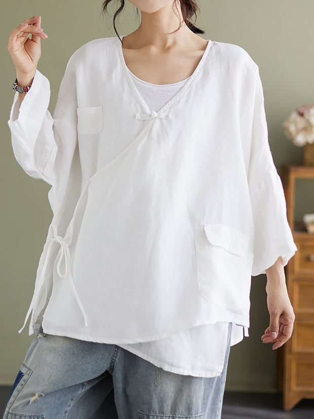 Linen Casual String Irregular Women Loose Shirt