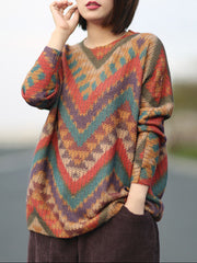 Geometry Autumn Vintage Women Loose Knit Sweater