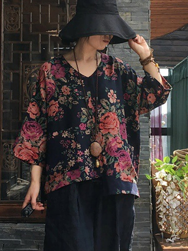 Floral V-neck Long Sleeve Cotton Blouse Shirt