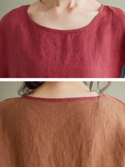 Vintage Short Sleeve Women Linen Patchwork Loose T Shirt