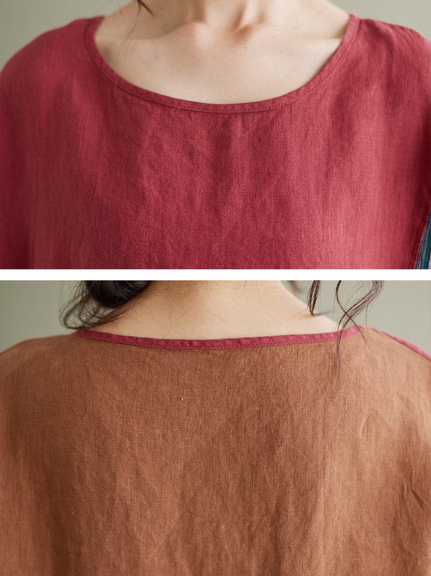 Vintage Short Sleeve Women Linen Patchwork Loose T Shirt