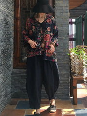 Floral V-neck Long Sleeve Cotton Blouse Shirt