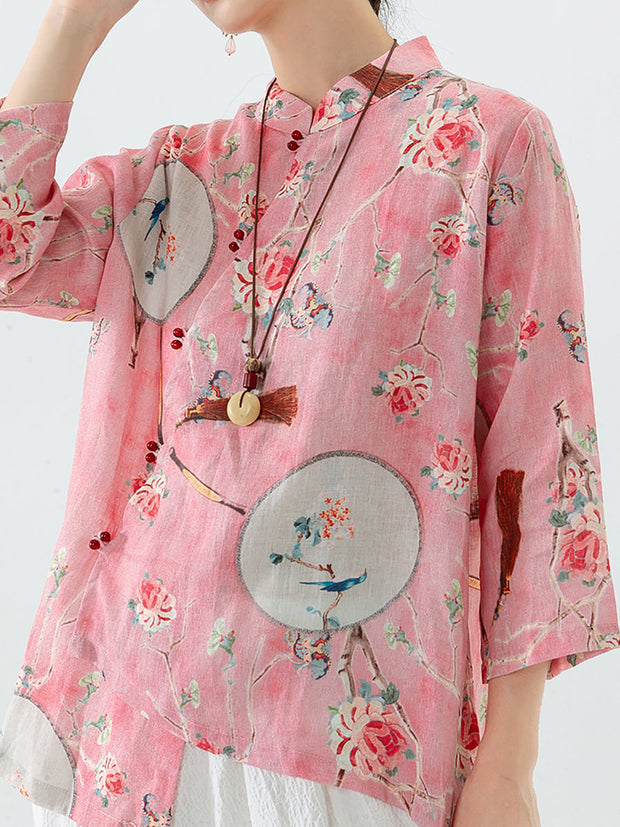 Linen Floral Print Vintage Casual Irregular Shirt