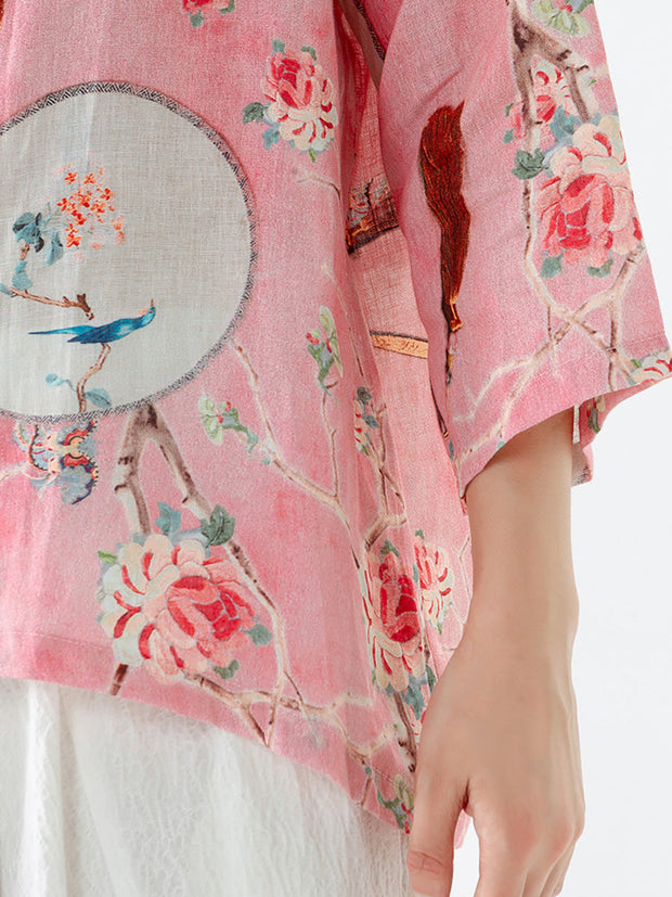 Linen Floral Print Vintage Casual Irregular Shirt