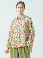 Floral Plus Size Turndown Collar Long Sleeve Shirt