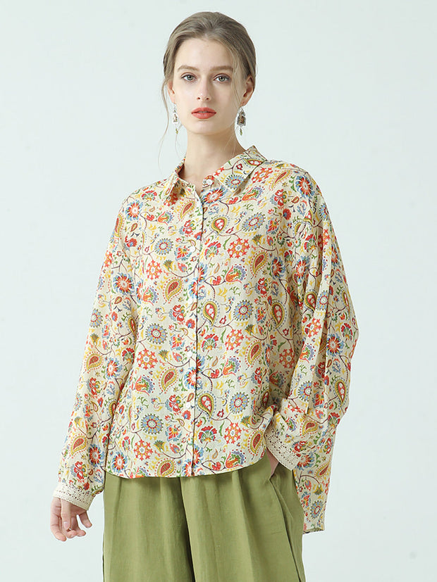 Floral Plus Size Turndown Collar Long Sleeve Shirt