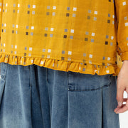 Plaid Women Loose Agaric Cotton Linen Laces T-shirt