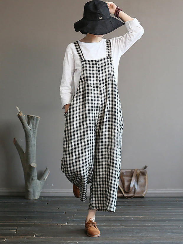 Literary Plaid Loose Casual Wide Leg Dungarees