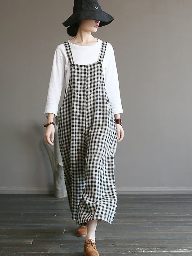 Literary Plaid Loose Casual Wide Leg Dungarees