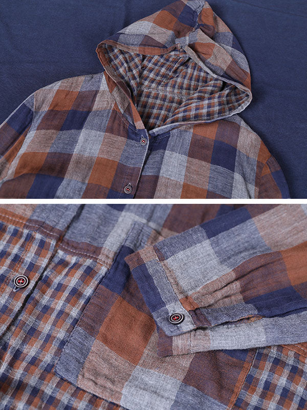 Loose Stitching Drawstring Cotton Linen Hooded Blouse Shirt