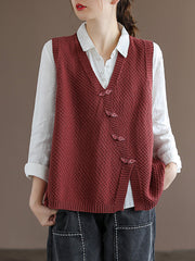 Women Button Knitted Split Sleeveless Vest Waistcoat Sweater