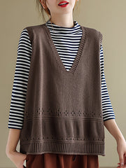 Women Knitted Hollow Out Solid Color Sweater Vest Top