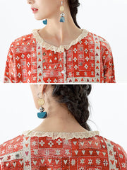 Cotton Linen Lace Decoration Pocket Long Sleeve Shir