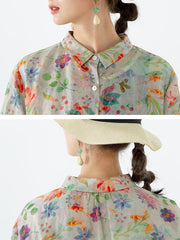 Floral Leaf Breasted Split Mid-Length Shirt