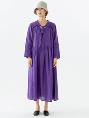 Linen Women Lace-up Pocket Long Sleeve Dress