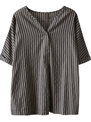 Single Button Stripe Vintage Summer Linen T-Shirt