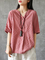 Single Button Stripe Vintage Summer Linen T-Shirt