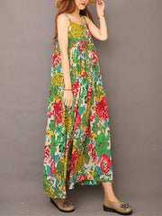 Plus Size - Summer Printed 100% Cotton Floral Suspender Pinafore Dress