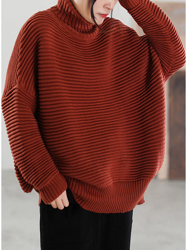 Women Highneck Solid Color Knitted Loose Long Sleeve Sweater