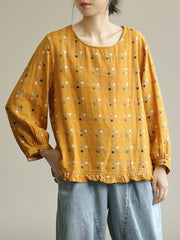 Women Loose Plaid Agaric Cotton Linen Laces T-shirt